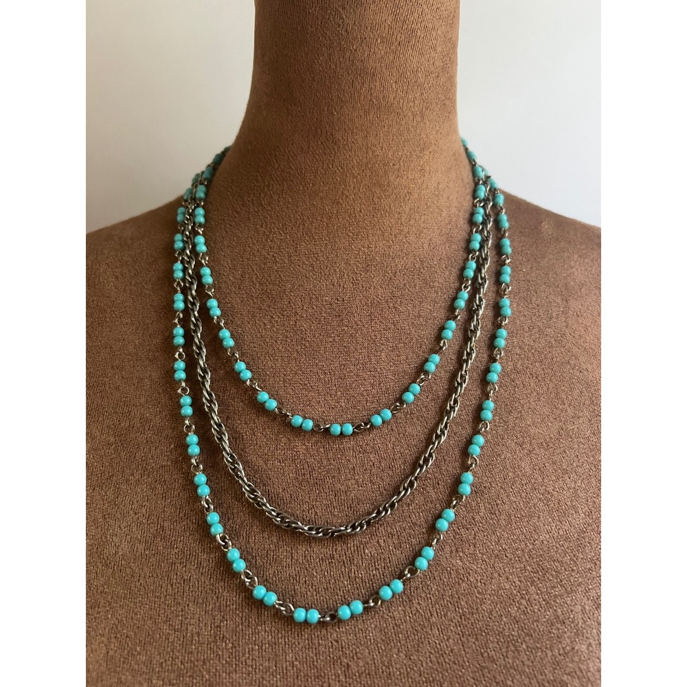 Vintage Multi Strand Turquoise Blue Resin Beaded Layered Necklace 18" Western